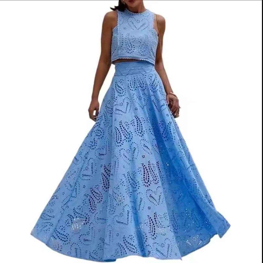New - Light Blue Eyelet Two-Piece Maxi Skirt Set Women's Medium